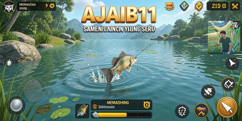 Antarmuka <strong>AJAIB11</strong> yang menampilkan pemain saat memancing di lokasi indah.